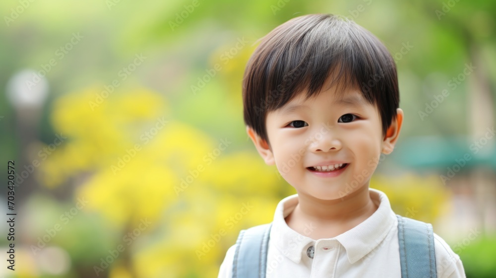 Delightful Young Asian Boy with a Bright Smile Enjoying the Outdoors, Garden Background Delightful Young Asian Boy with a Bright Smile Enjoying the Outdoors, Garden Background