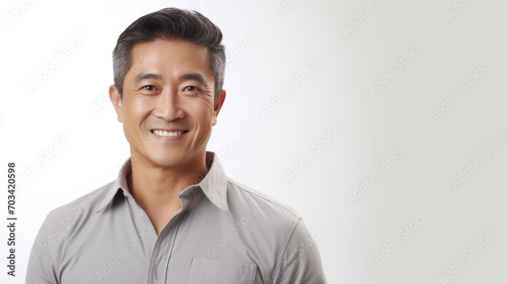Happy Middle-Aged Asian Man Smiling in Grey Polo Shirt, White Background Happy Middle-Aged Asian Man Smiling in Grey Polo Shirt, White Background