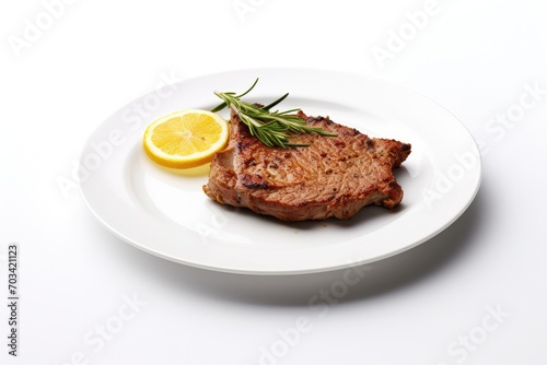 Beef steak on plate isolated on white background