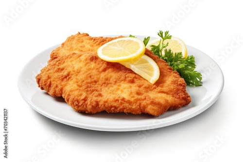Wiener schnitzel with lemon on white plate isolated on white background