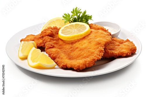Wiener schnitzel with lemon on white plate isolated on white background