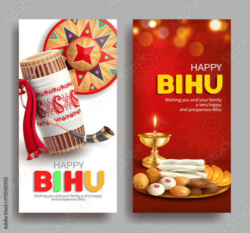 Greeting banners with drum (dhol, onoinya) decorated with gamosa, japi (bamboo hat) and sweets (laddu, pitha) for North Indian Assamese New Year (and harvest) festival Rongali (Bohag) Bihu. Vector. photo