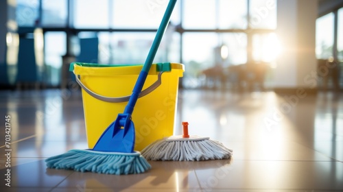 The gleam of a freshly cleaned floor reflects a bucket and mop, highlighting the satisfaction of a well-maintained and spotless environment.