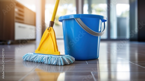 A bright blue mop bucket and yellow mop stand ready on a shiny tiled floor, symbolizing cleanliness and the readiness to tackle household chores.