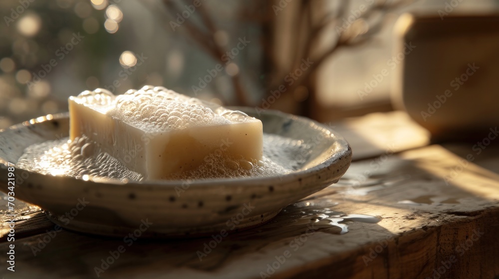 Soft light enhances the texture of a natural soap bar on a vintage dish, creating an atmosphere of rustic elegance and simplicity. Soft light enhances the texture of a natural soap bar on a vintage dish, creating an atmosphere of rustic elegance and simplicity.