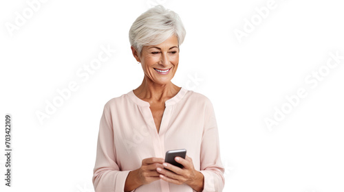 Portrait of Happy senior woman using mobile phone isolated on white background.