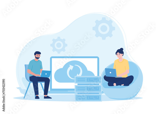 synchronization of cloud data storage on a laptop concept flat illustration