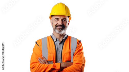 Portrait of engineer man happy with workplace, isolated on white background.