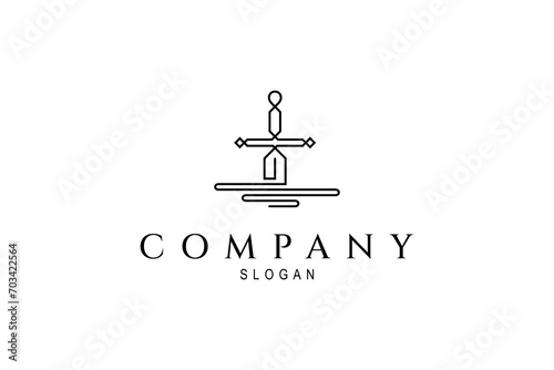 sword stuck in continuous line design style logo template vector illustration