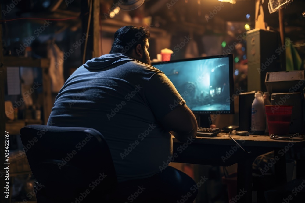 view from behind of fat man playing pc in a table with garbage view from behind of fat man playing pc in a table with garbage