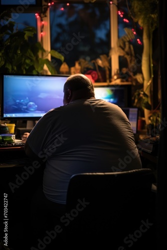 view from behind of fat man playing pc in a table with garbage