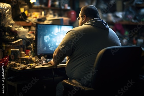 view from behind of fat man playing pc in a table with garbage photo