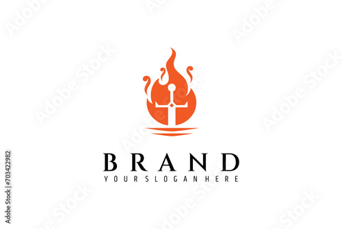 sword stuck with a combination of fire elements logo design template flat vector illustration