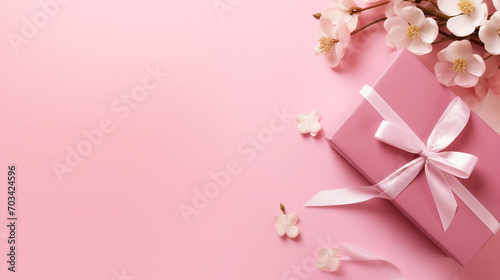 pink flower and gift on pink background. copy space on background, pink gerber flowers in vase, pink and white flowers,  pink box with flowers, Ai generated image   © PixxStudio