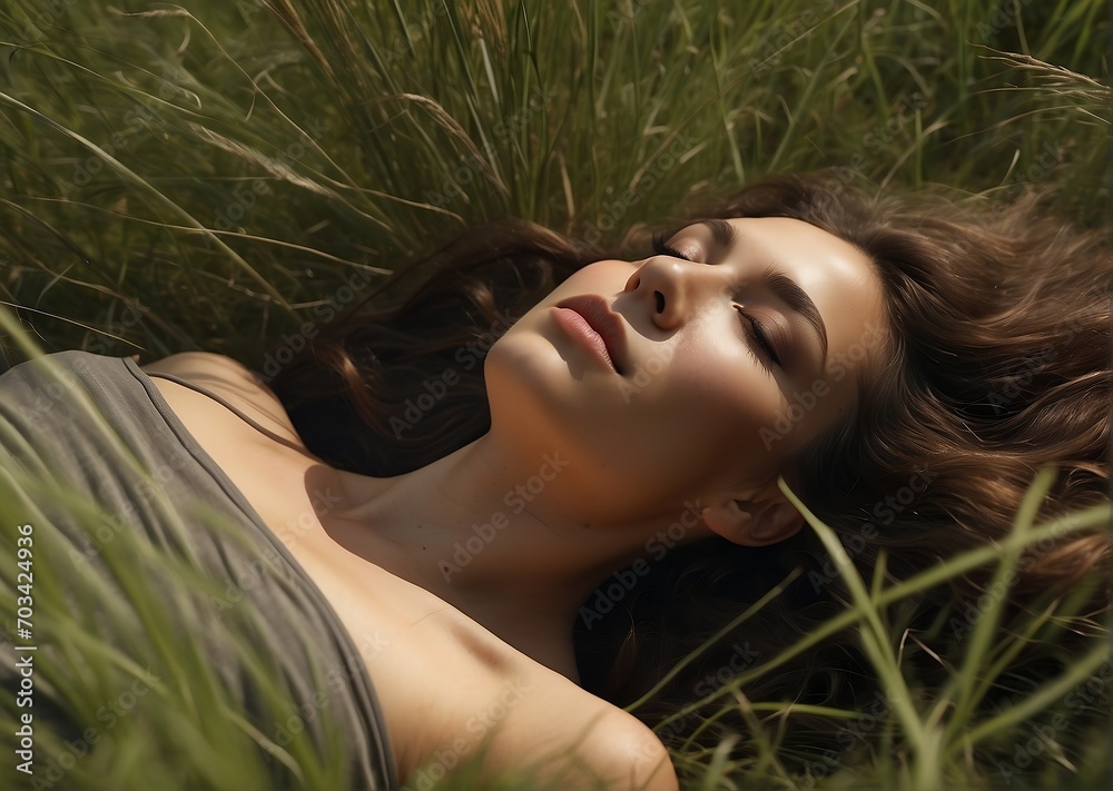 Serenity in Nature. Woman Relaxing in Tall Grass for Mindful Mental Health Serenity in Nature. Woman Relaxing in Tall Grass for Mindful Mental Health