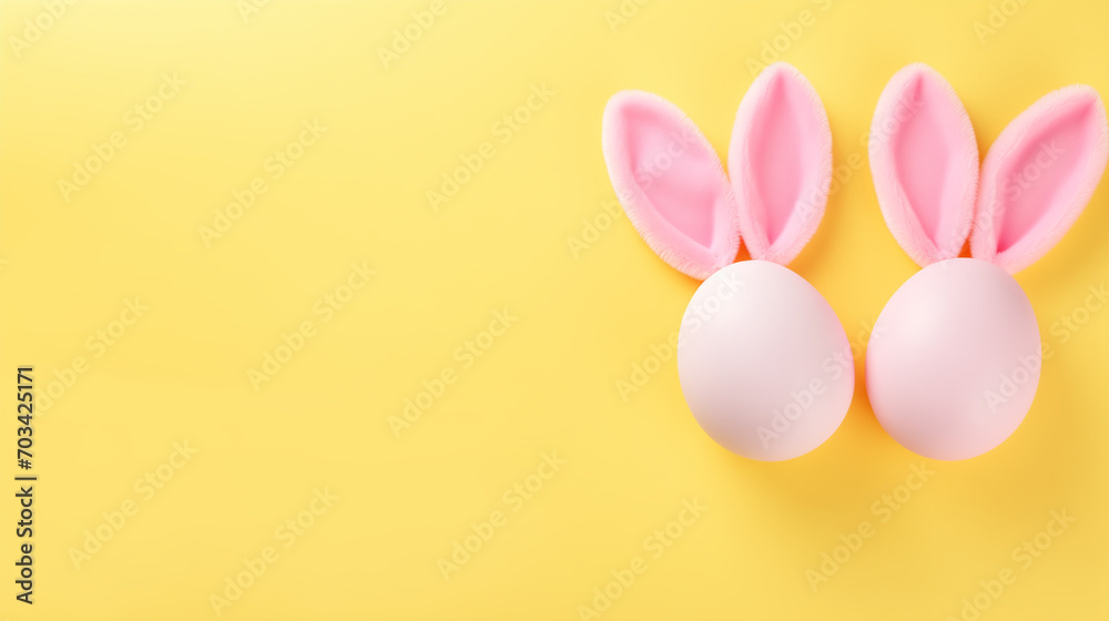 easter bunny with eggs, Top view of yellow pink white eggs easter bunny ears on isolated pastel pink background with empty space, Ai generated image 