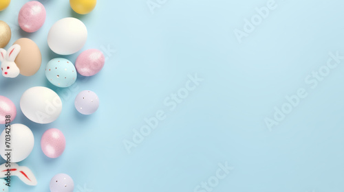 Colorful easter eggs on blue background, Top view of white circle colorful easter eggs and bunny ears on isolated pastel blue background with copyspace, Ai generated image