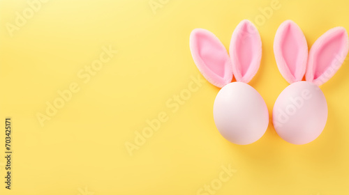 easter bunny with eggs, Top view of yellow pink white eggs easter bunny ears on isolated pastel pink background with empty space, Ai generated image 