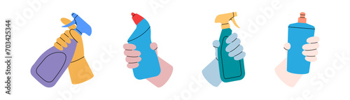 Hands with toilet cleaners. Cleaning service tools. Housekeeping service equipment. Vector illustration.