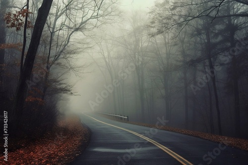 Road in the misty autumn forest. Foggy autumn landscape.