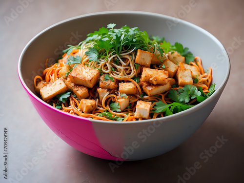 A bowl of noodles arranged in a nest shape, topped with fresh herbs, crispy tofu, and a drizzle of chili oil.
