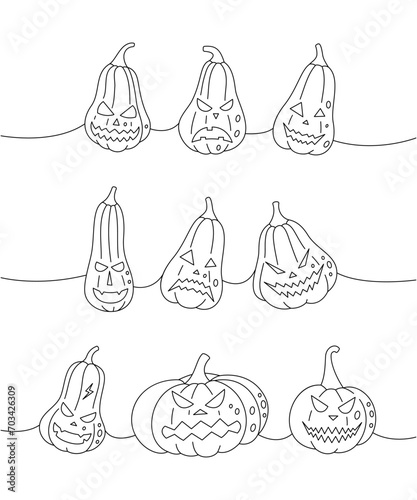Halloween pumpkins faces. Set of pumpkins scary faces one line continuous drawing. Autumn halloween vegetables continuous one line illustration.