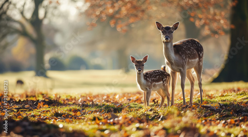 A deer and its fawn in tender bonding amidst the forest light.