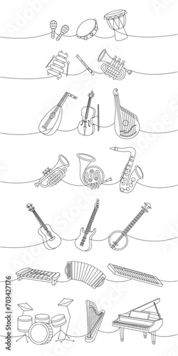 Musical instruments. Djembe drum, bongo, maracas, xylophone, flute, trumpet, lute, violin, bandura, tuba, french horn, saxophone, guitar.