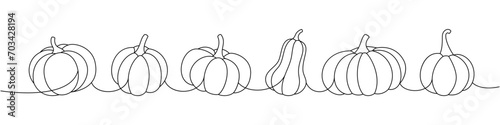 Pumpkins set. Autumn halloween pumpkins one line continuous drawing. Autumn halloween vegetables continuous one line illustration.