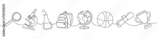 School supplies set. Back to school one line continuous drawing. Backpack, schoolbag, globe, basketball ball, magnifying glass, microscope, test tubes