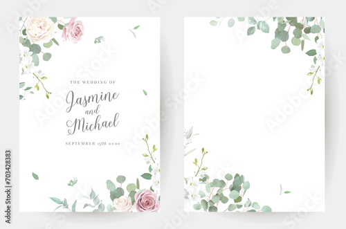 Floral eucalyptus selection vector frames. Hand painted branches, pink rose flowers, leaves on white background