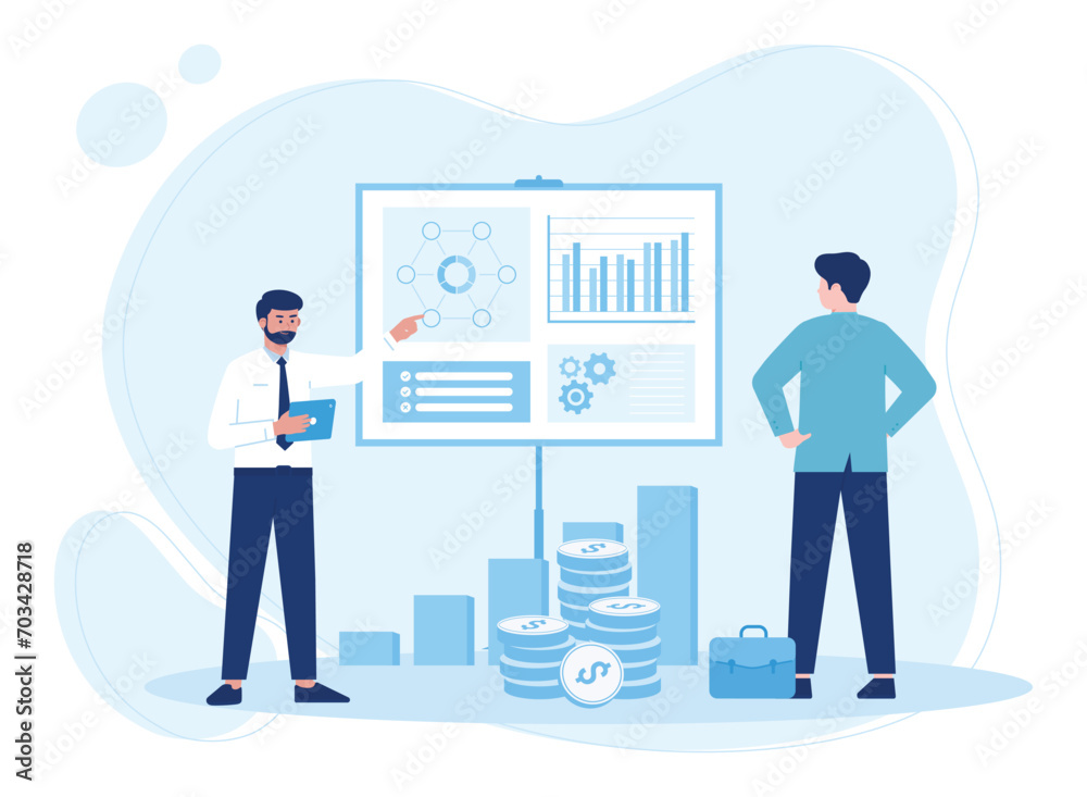 two business people analyzing company data or graphs on a white board concept flat illustration two business people analyzing company data or graphs on a white board concept flat illustration