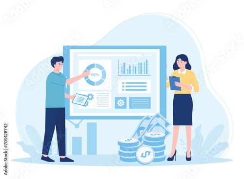 two businessman showing graph. stock financial trading market diagram. concept flat illustration