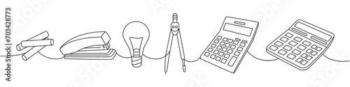 School supply assortment. Back to school one line continuous drawing. Calculators, compass divider, chalk pencil, crayons, office stapler, light bulb