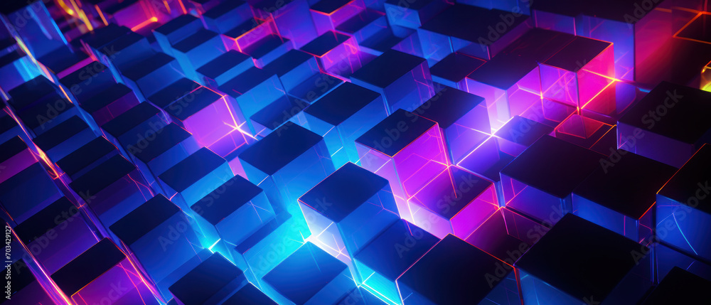 Bright neon elements and 3D cubes create a modern, tech-savvy atmosphere. Bright neon elements and 3D cubes create a modern, tech-savvy atmosphere.