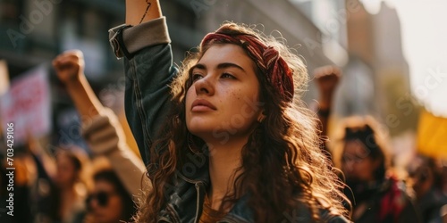 Girl at a peaceful protest with demonstrators. Group of female protesting for equality and women empowerment. © Dmitriy
