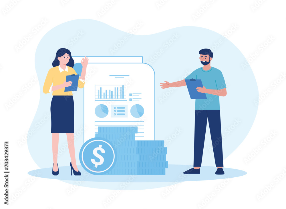 Employees report to the boss about company developments concept flat illustration