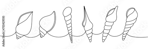 Mollusks set. Sea shells, mollusks, scallop, pearls. Tropical underwater shells continuous one line illustration. Vector minimalist illustration.