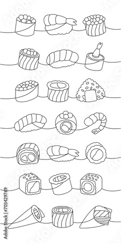 Sushi rolls set. Japanese traditional food one line drawing. Ikura sushi, tobiko maki, philadelphia roll, onigiri, shrimp nigiri, tekkamaki tuna roll