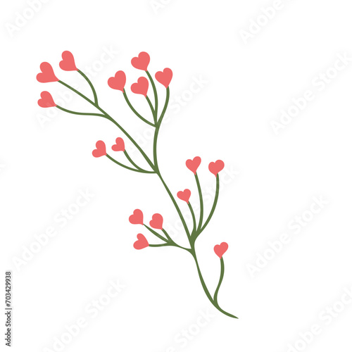 Branch with red flowers in the shape of hearts, vector illustration of Valentine's day. Icon element on white background, hand drawn. Design for gifts, invitations, frames, banners, menus, labels and