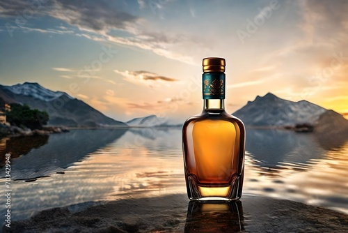 premium liquor decanter , precious ornamented bottle of whisky in the scottish loch photo