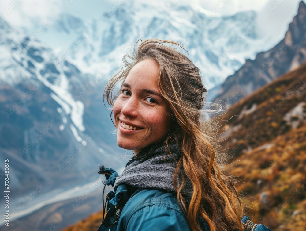 Handsome satisfied man and woman against the backdrop of mountains