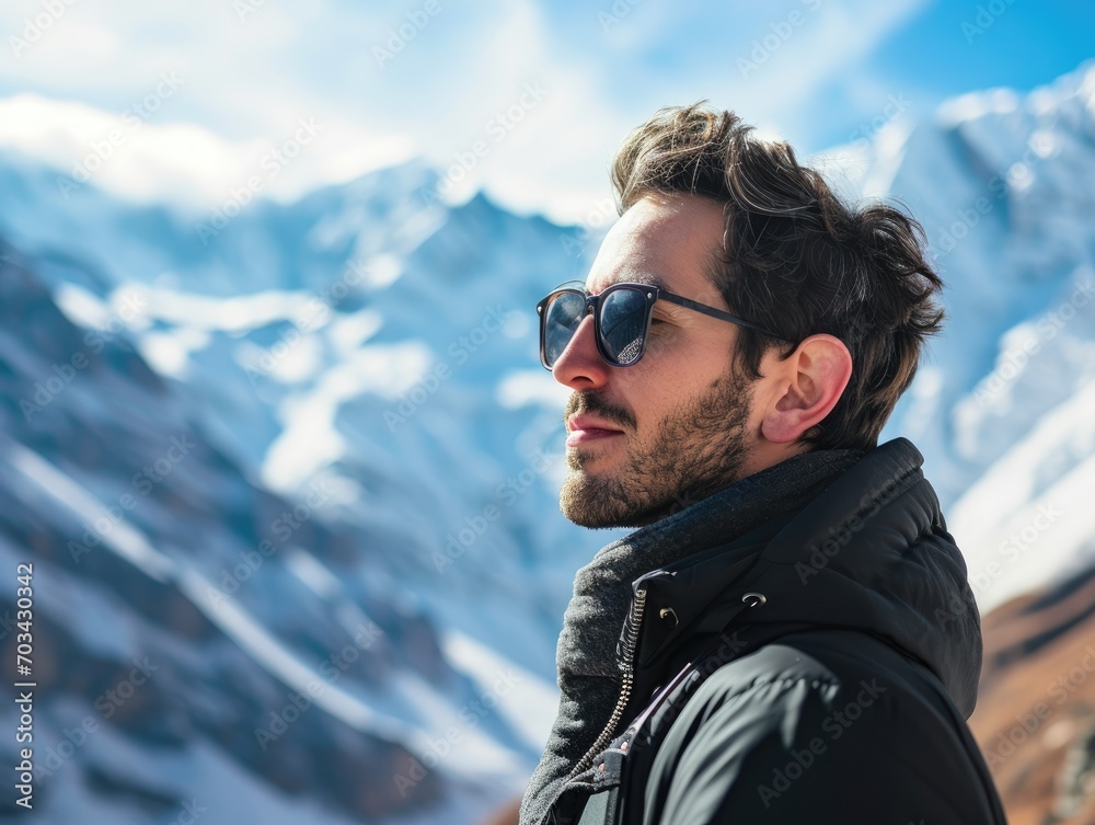 Handsome satisfied man against the backdrop of mountains Handsome satisfied man against the backdrop of mountains