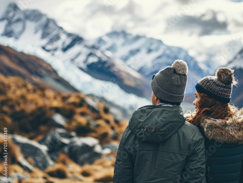 Handsome satisfied man and woman against the backdrop of mountains