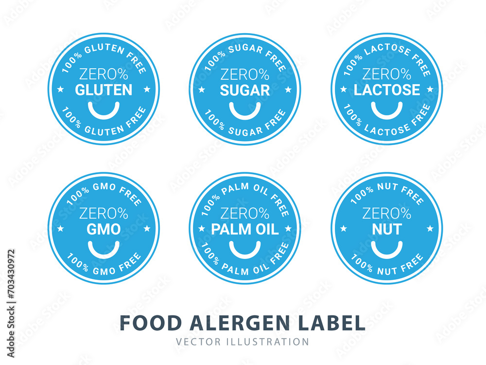 Six Labels of Food Allergen. Gluten, sugar, lactose, etc - obrazy, fototapety, plakaty 