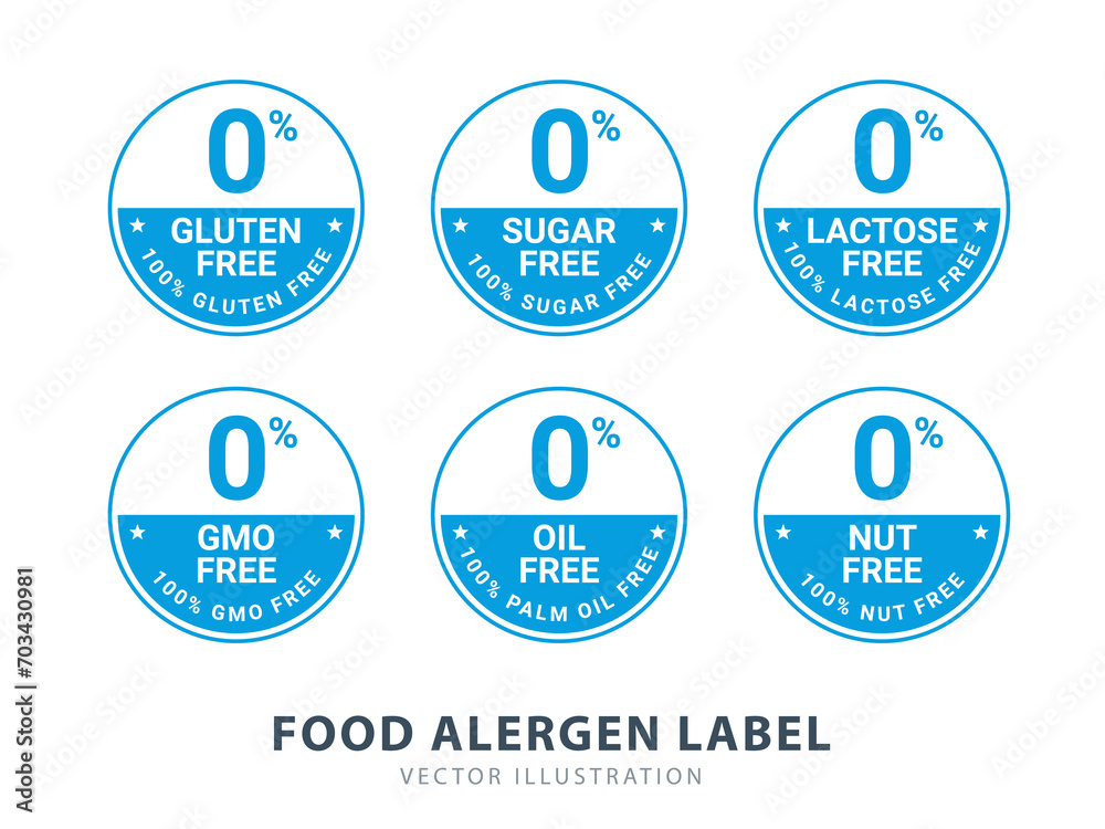 Six Labels of Food Allergen. Gluten, sugar, lactose, etc in half filled circle Six Labels of Food Allergen. Gluten, sugar, lactose, etc in half filled circle