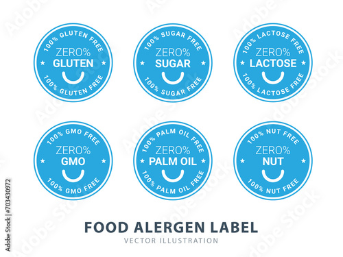 Six Labels of Food Allergen. Gluten, sugar, lactose, etc