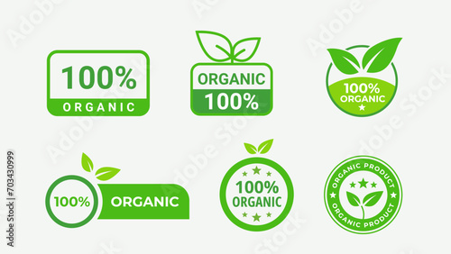 Six green labels of full organic product. Isolated Vector Illustration