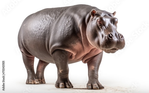 Hippopotamus walking looking at the camera on isolated white background.