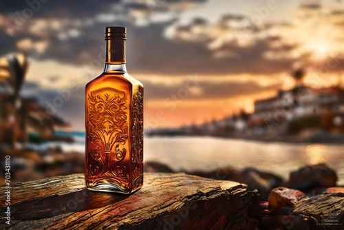 elegant and expensive ornamented  liquor bottle presentation , carved glass bottle template